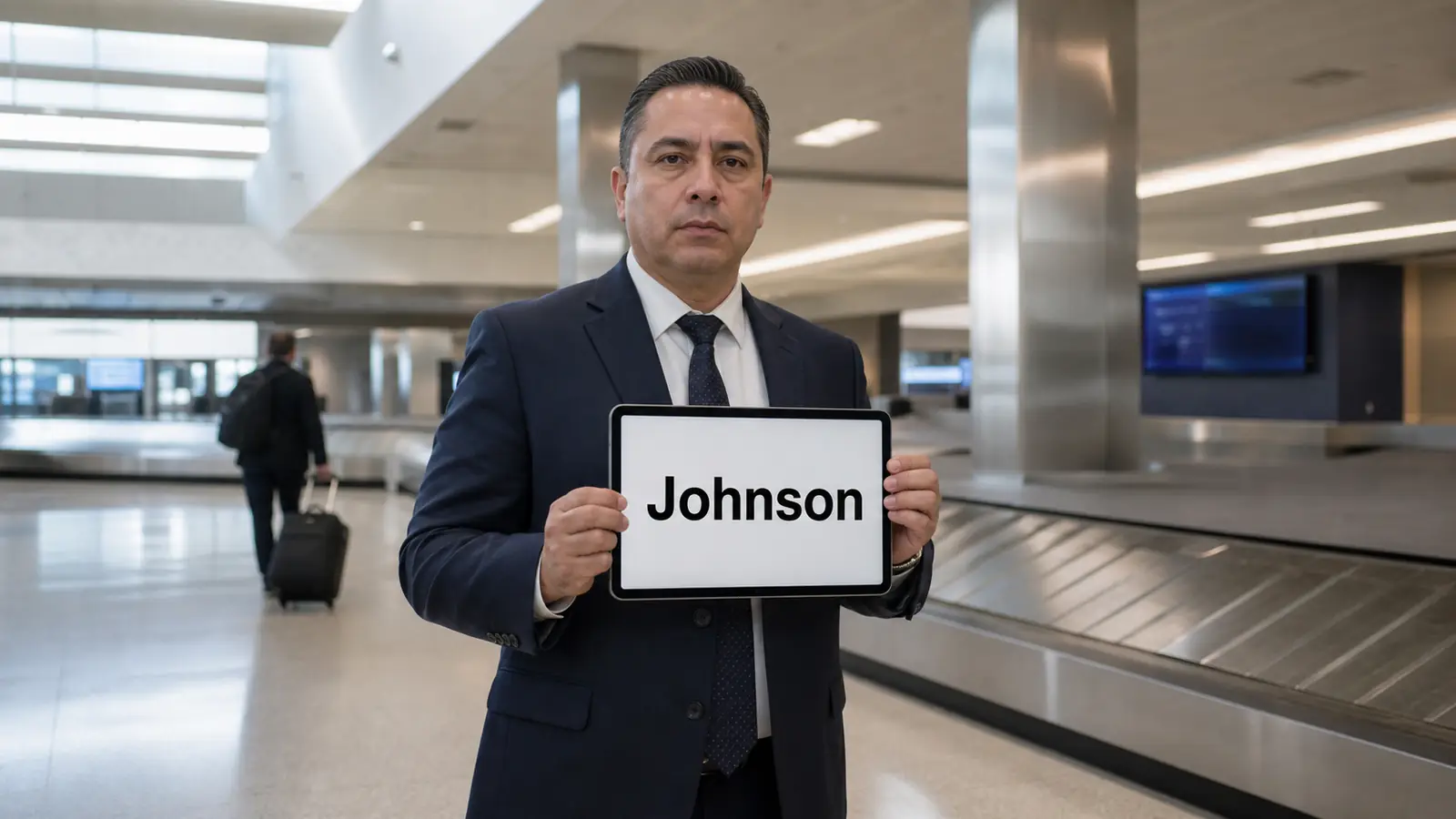 Professional chauffeur holding a digital name board at Newark Airport baggage claim waiting for an arriving passenger