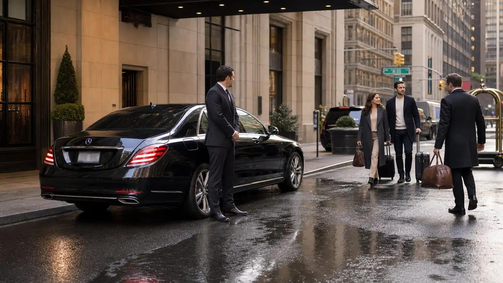Black Mercedes-Benz sedan with chauffeur and hotel doorman at a Midtown Manhattan curbside drop-off