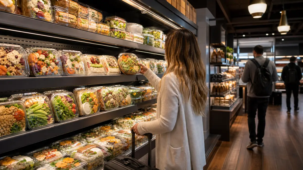 EWR Newark airport Cibo Express gourmet market shelf with vegan halal kosher dietary-marked packaged food options