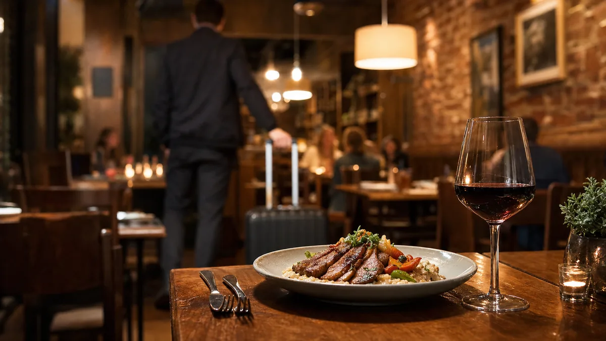 Newark airport traveler skipping airport food for a better meal after landing at destination restaurant