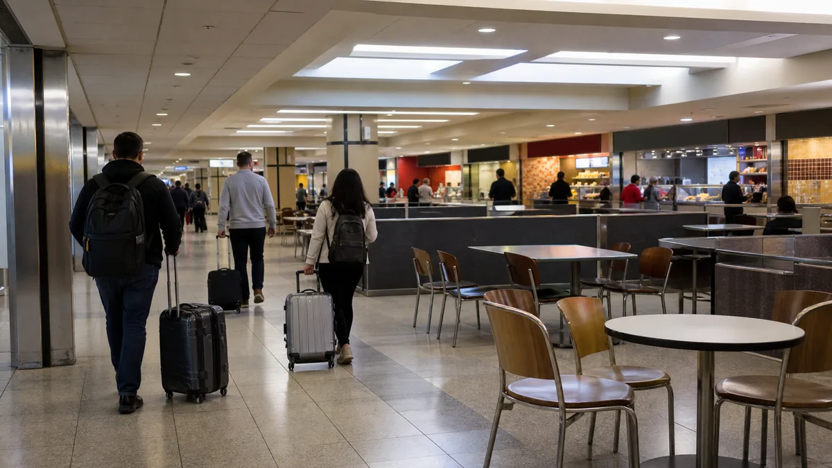 EWR Terminal B food court with limited dining options at Newark airport split satellite piers