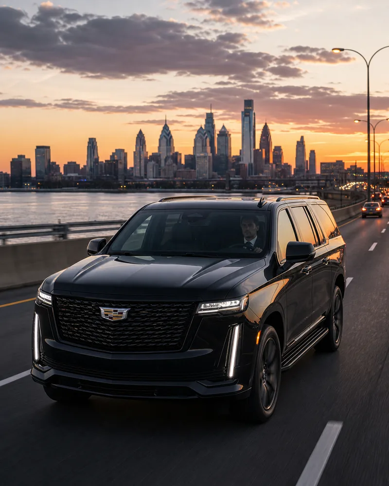 Newark Airport to Philadelphia car service: black SUV heading south on I-95 toward Center City at dusk