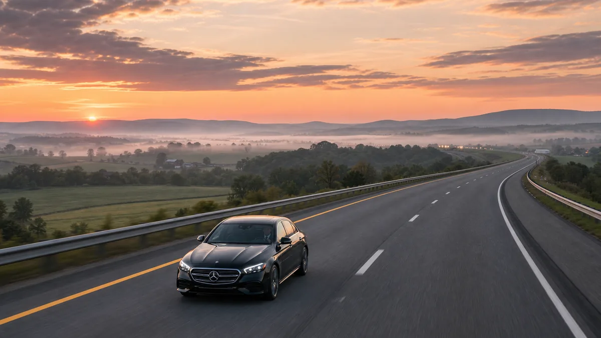 Allentown to Newark Airport: I-78 East from the Lehigh Valley toward EWR at dawn, two-lane interstate under dim sky