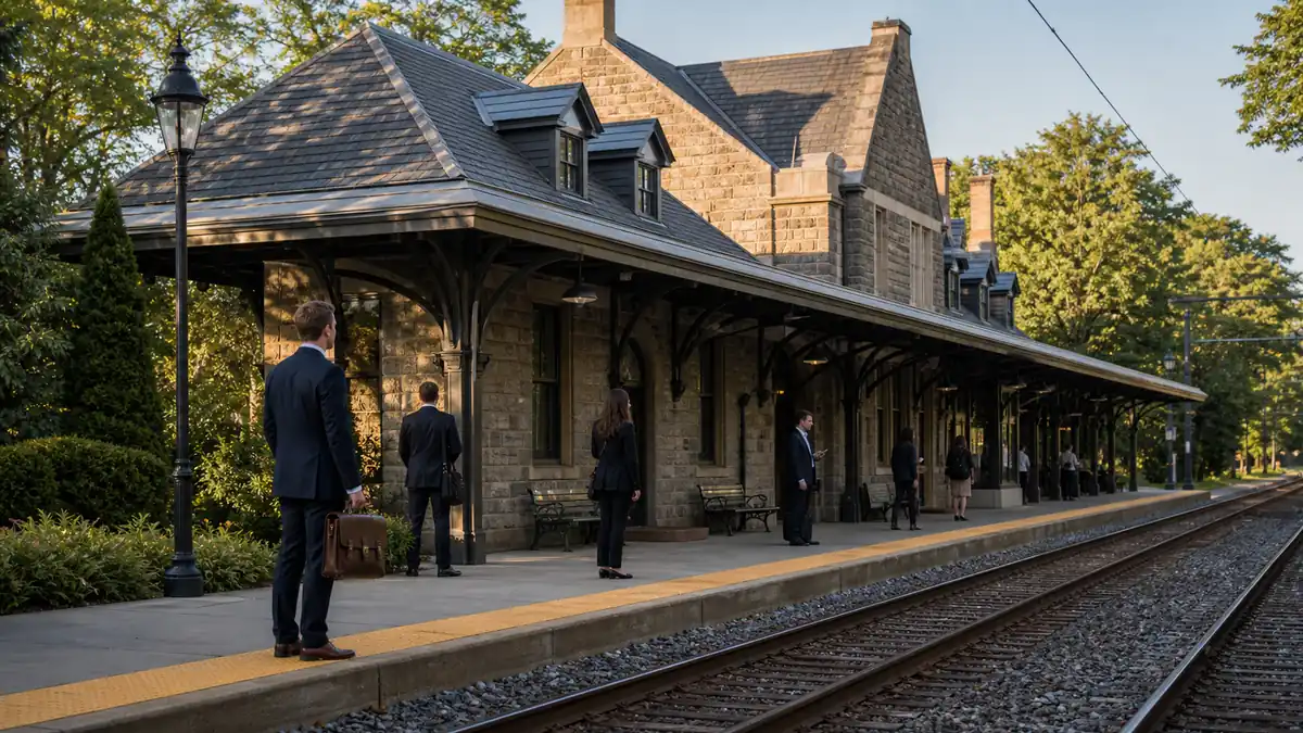 King of Prussia to Newark Airport: a historic Main Line suburban train station with stone architecture and morning commuters