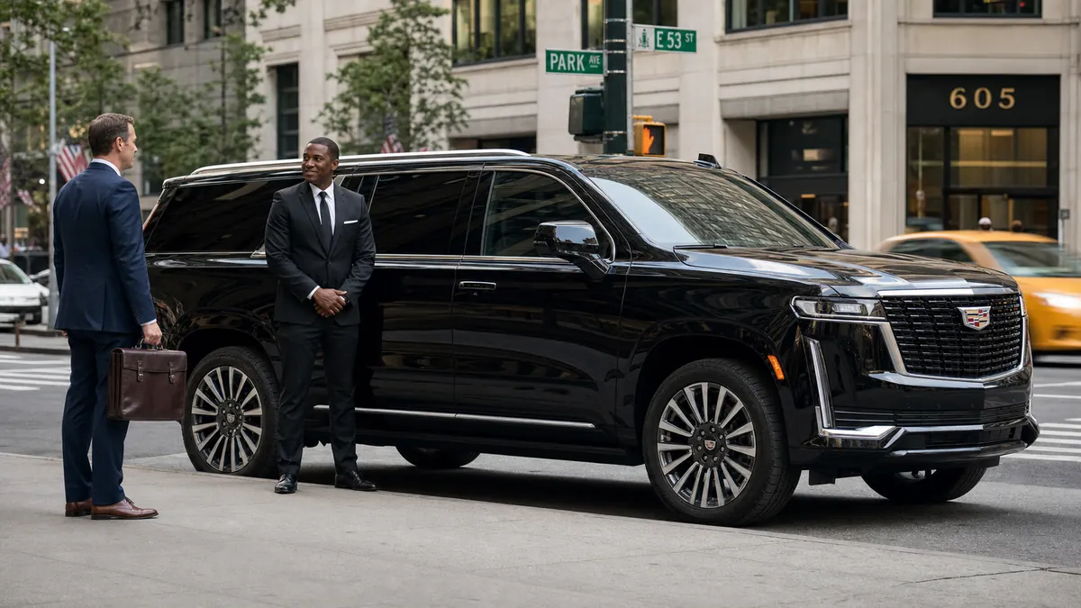 Car service Philadelphia to NYC arrival: 2025 Cadillac Escalade ESV pulling up curbside on East 53rd Street in Midtown East Manhattan with chauffeur opening rear door