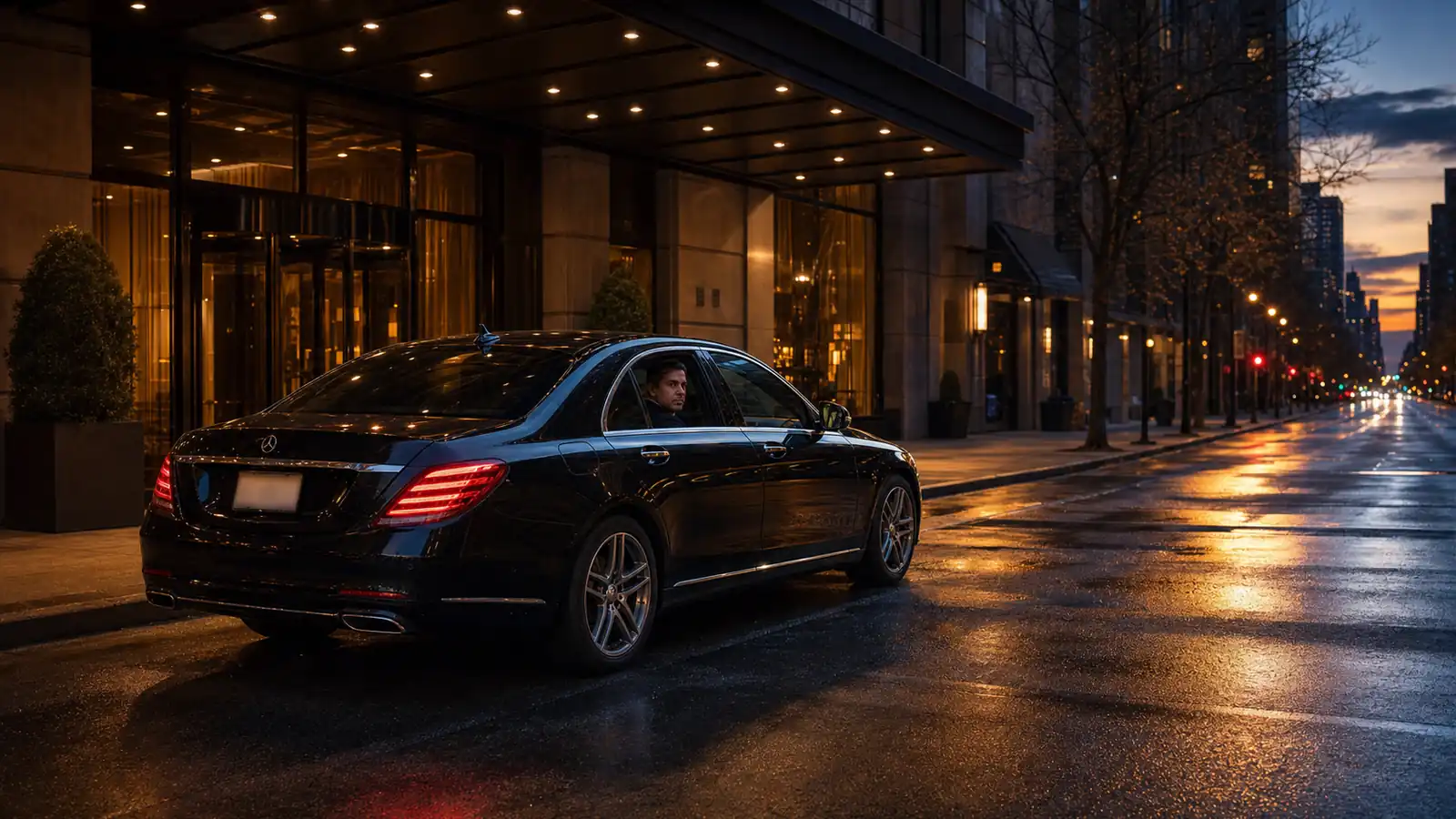 Black executive sedan departing a Midtown Manhattan hotel before sunrise for the Newark airport transfer