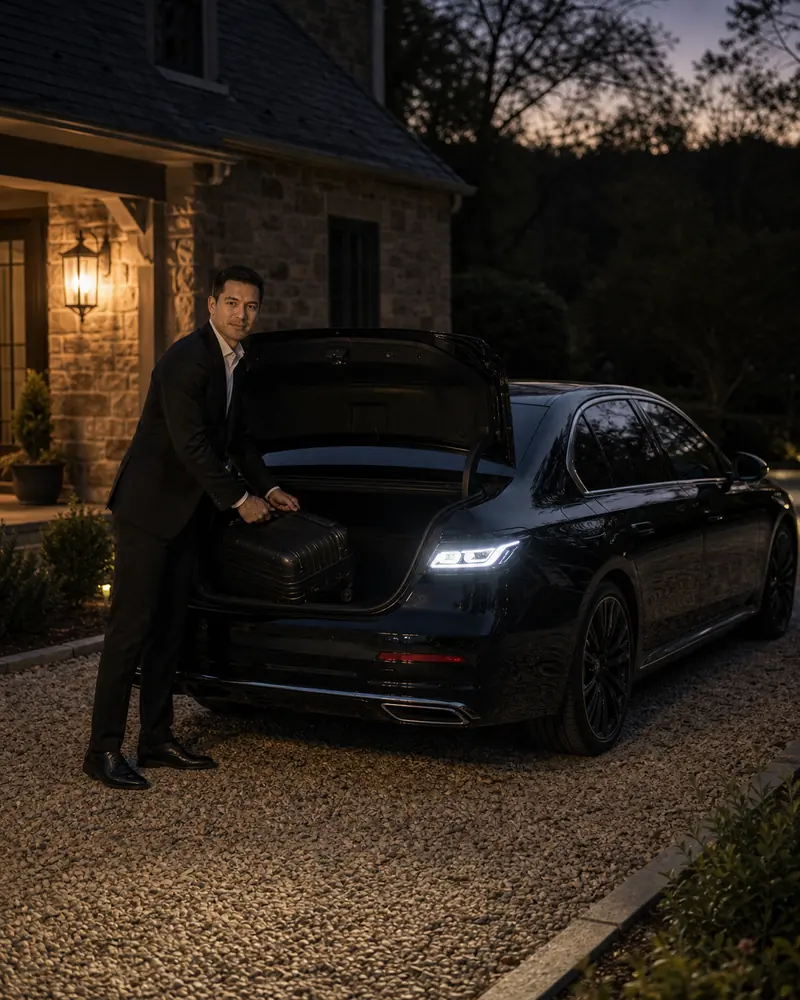 Bucks County to Newark Airport car service: black sedan at a New Hope driveway pre-dawn pickup