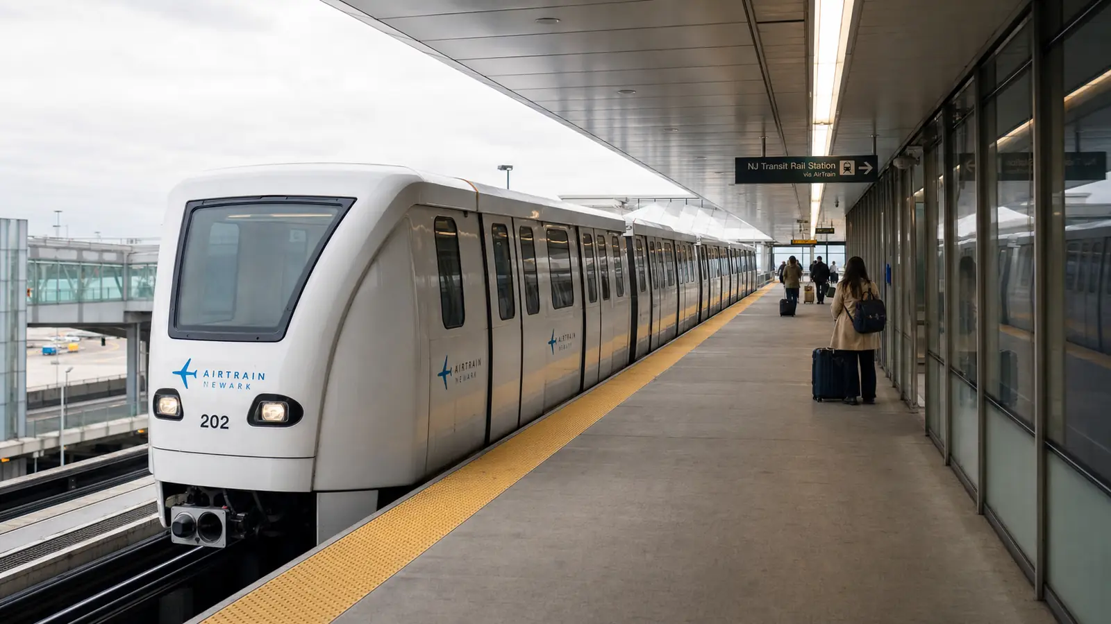 Newark Liberty Airport AirTrain monorail arriving at a terminal station platform with NJ Transit signage visible