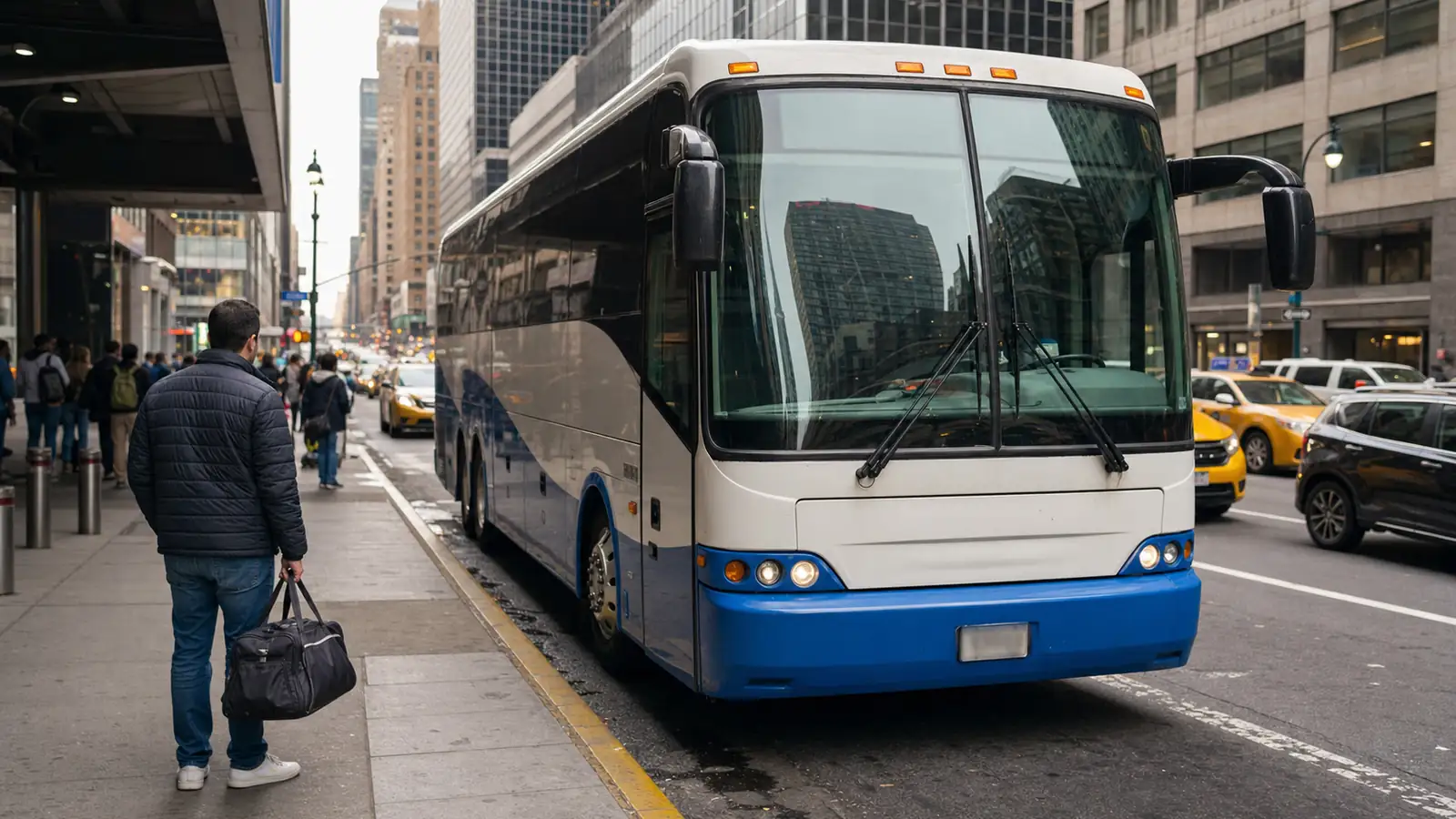 Newark Airport Express coach bus arriving at Port Authority Bus Terminal on 42nd Street in Manhattan
