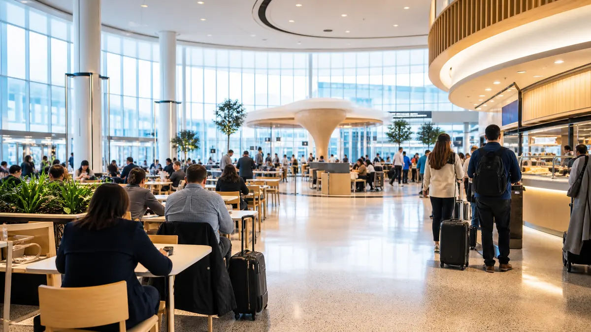 Newark airport food guide overview at EWR Terminal A dining concourse with travelers