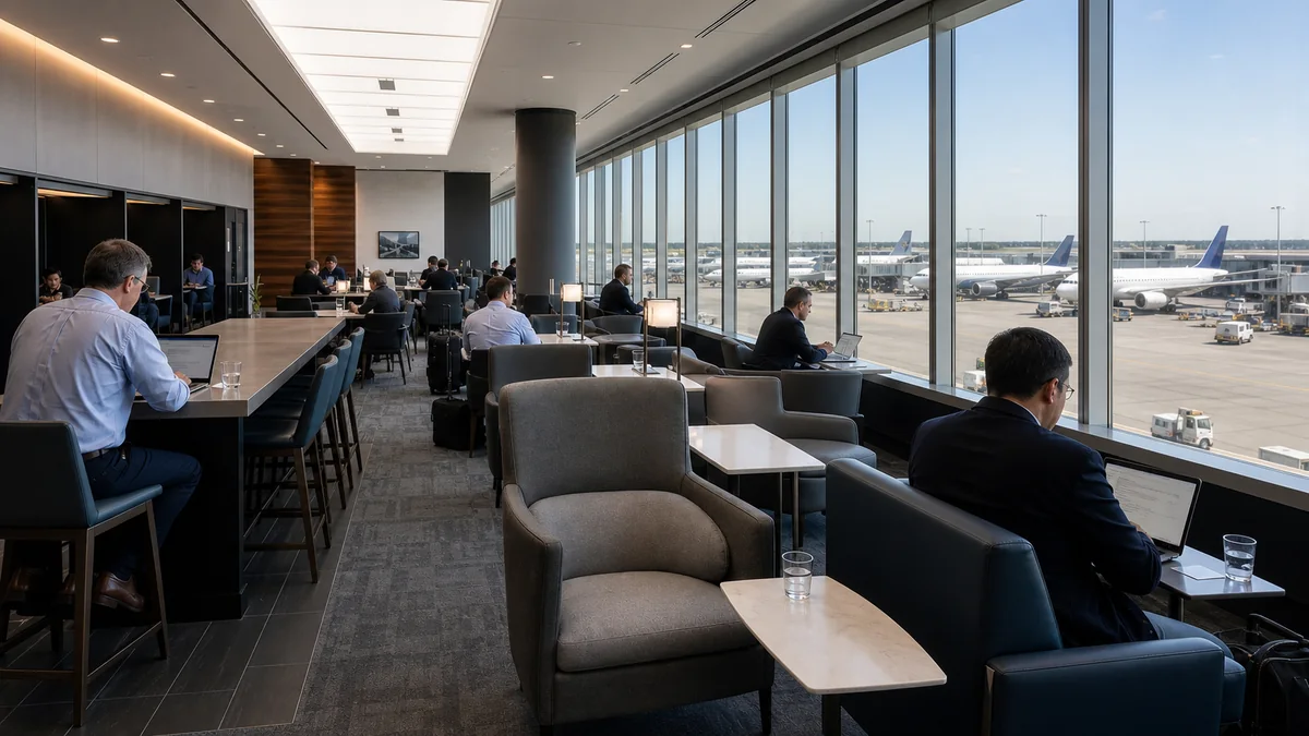 Newark airport lounges interior view at United Club in Terminal C with travelers and seating