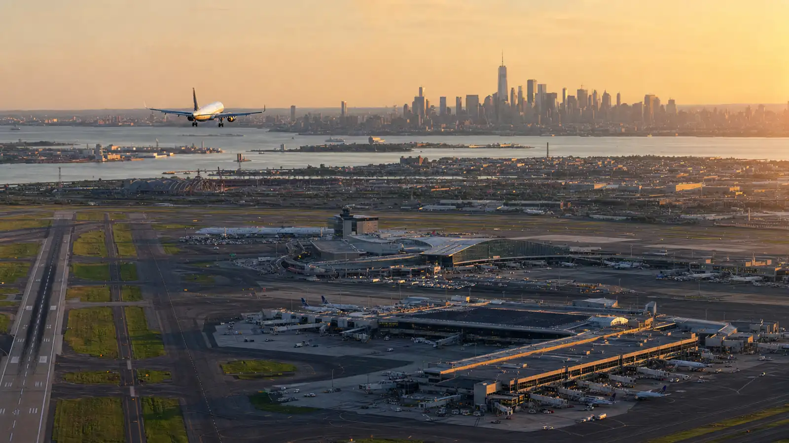 Newark airport to Manhattan route aerial view of Newark Liberty International Airport with the Manhattan skyline in the distance at golden hour