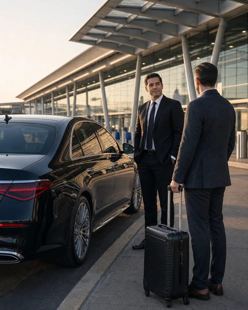 Car service Philadelphia to Newark Airport: sedan arriving at EWR Terminal B at dawn