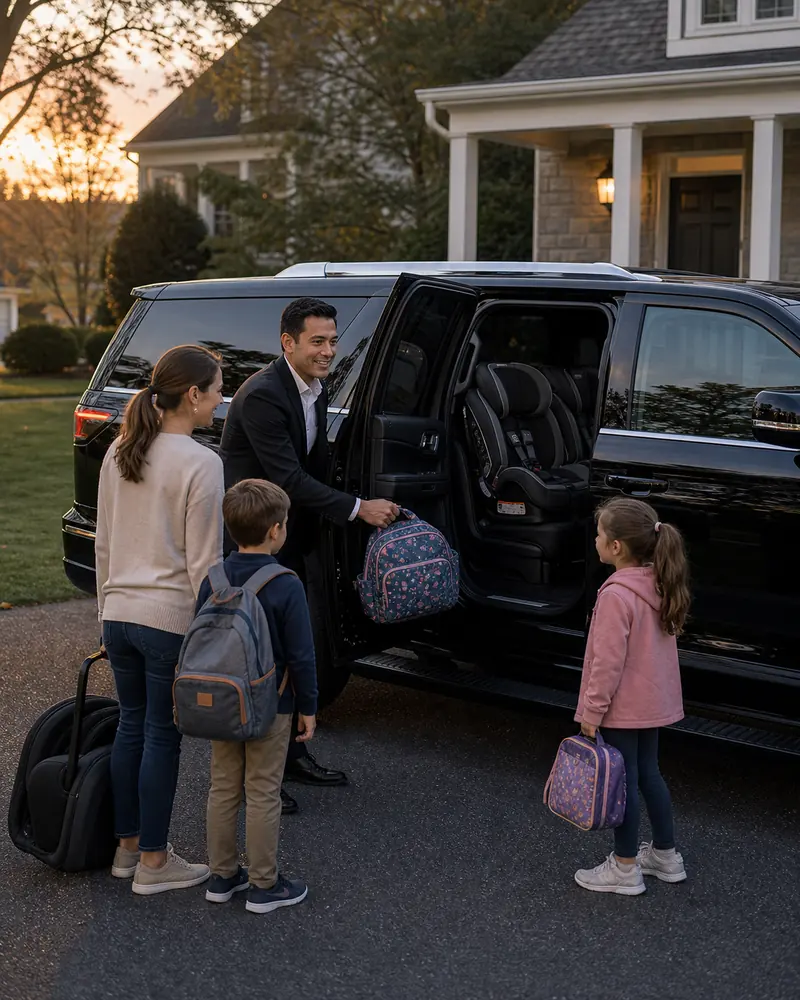 Bucks County to Newark Airport car service: Newtown PA family of four loading car seats into an SUV in the early morning
