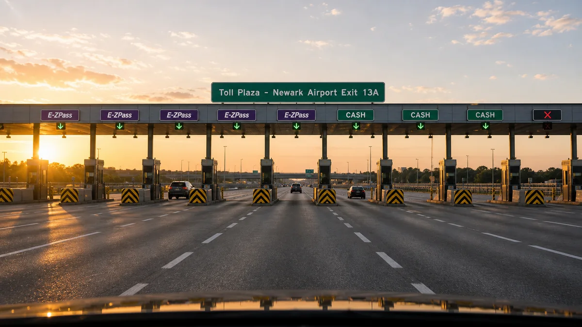 NJ Turnpike toll plaza with E-ZPass and cash lanes used on the Philadelphia to Newark Airport drive