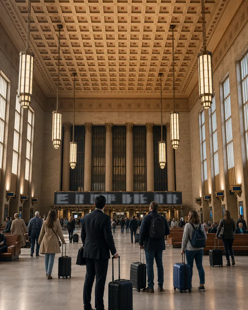 Car service Philadelphia to NYC alternative: Philadelphia 30th Street Station grand interior with travelers checking Amtrak departure boards