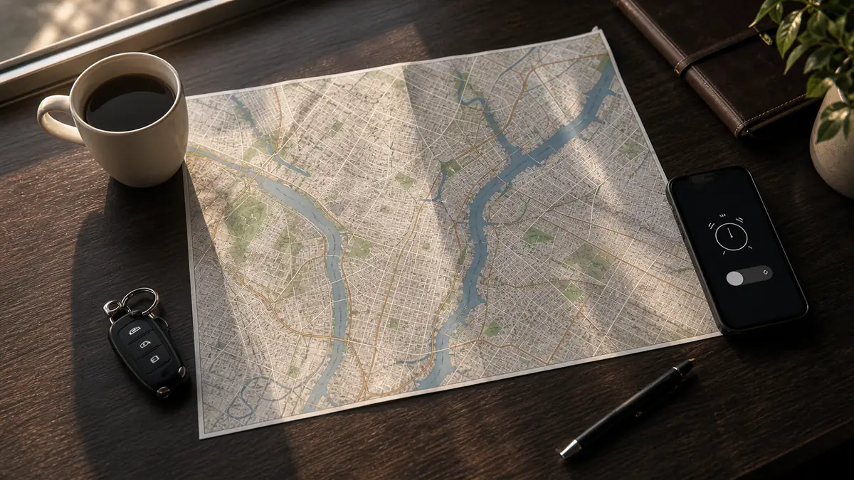 Philadelphia neighborhood departure times map: when to leave Center City, University City, Main Line, and Northeast Philly for Newark Airport