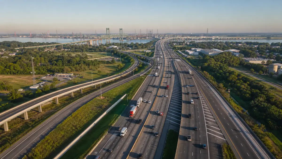 Philadelphia to Newark Airport drive: aerial view of I-95 connecting to the NJ Turnpike toward EWR