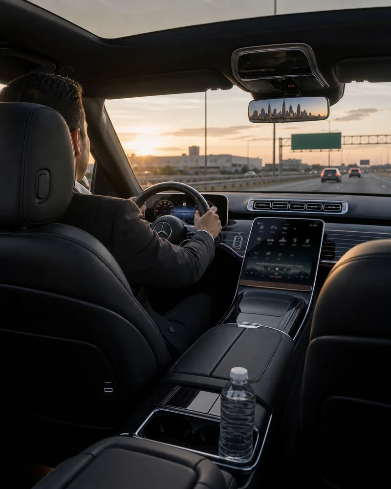 Chauffeured Philadelphia to Newark Airport car interior on I-95 at dawn