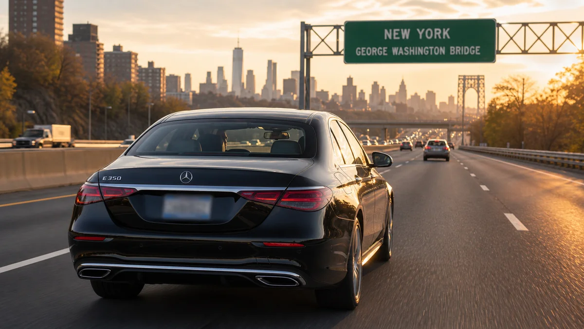 Car service Philadelphia to NYC: black 2025 Mercedes E350 sedan heading north on I-95 toward Manhattan at dawn, Philadelphia skyline receding behind