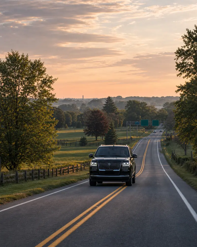 Bucks County to Newark Airport car service: black SUV on Route 202 heading toward I-95 at dawn