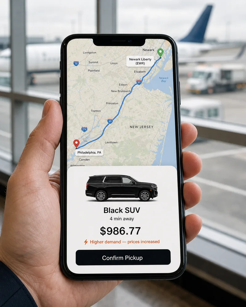 Surge-priced rideshare app at Newark Airport pickup with the Philadelphia trip comparison