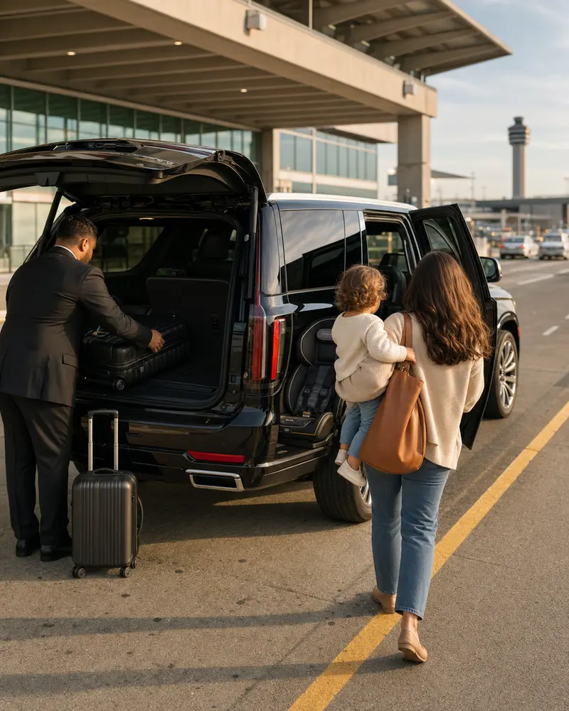 Family with toddler boarding a black Cadillac Escalade ESV with pre-installed car seat at Newark Airport Terminal B arrivals curb