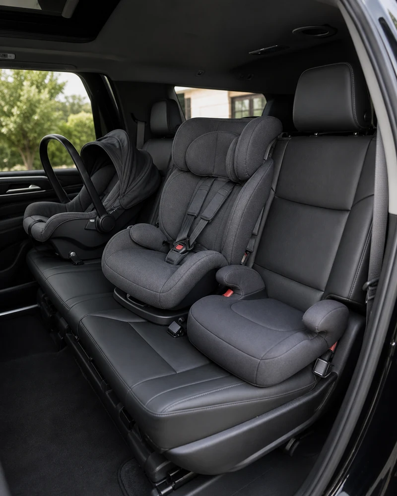 Three car seat types installed in a Cadillac Escalade ESV: infant rear-facing, convertible, and booster seat for EWR Car Service family airport transfers