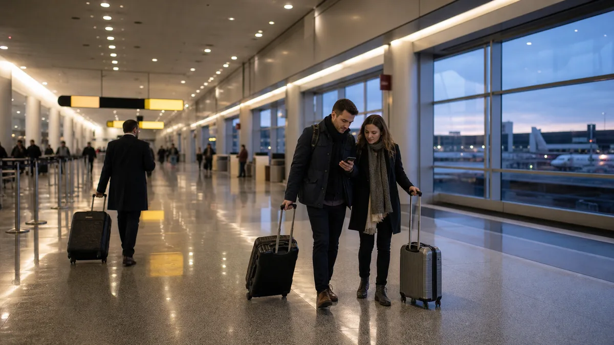 EWR to LHR route — Terminal B arrivals at Newark airport with British Airways and Virgin Atlantic signage