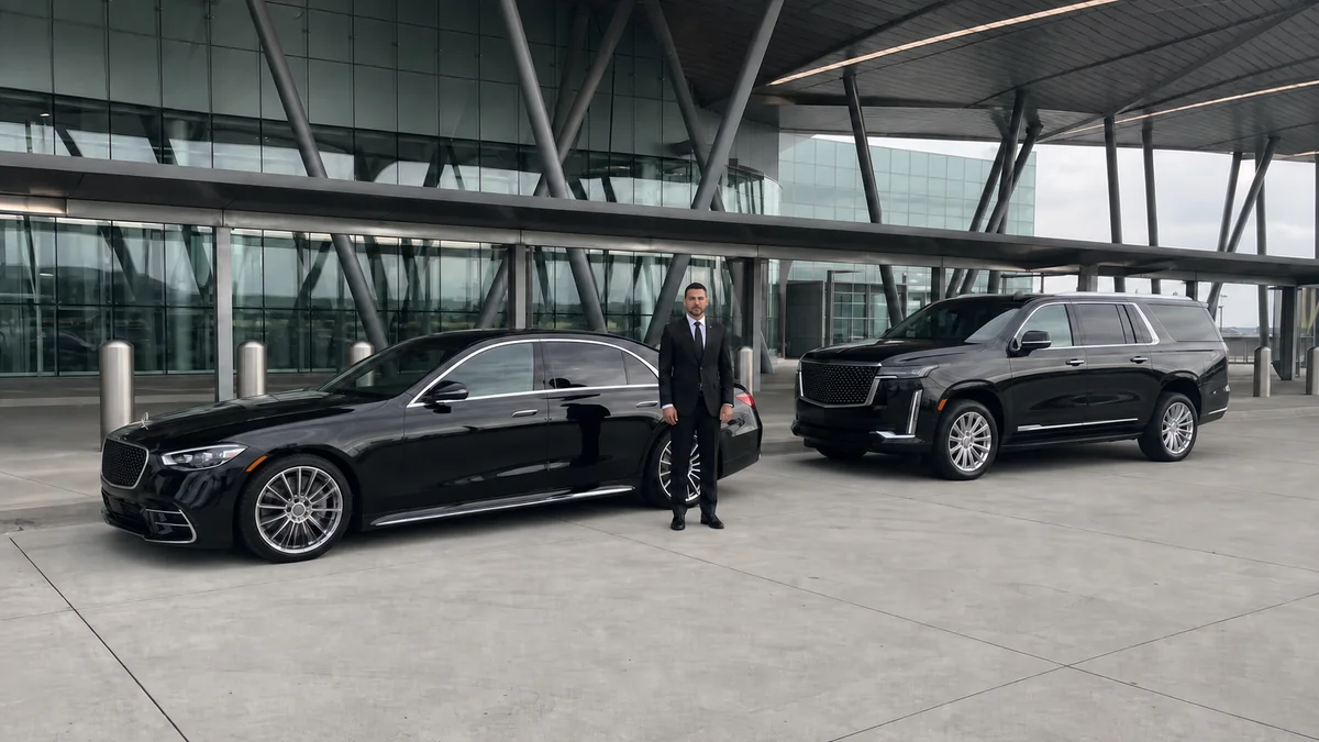 Executive sedan and SUV staged at Newark Airport arrivals for a flat-rate transfer