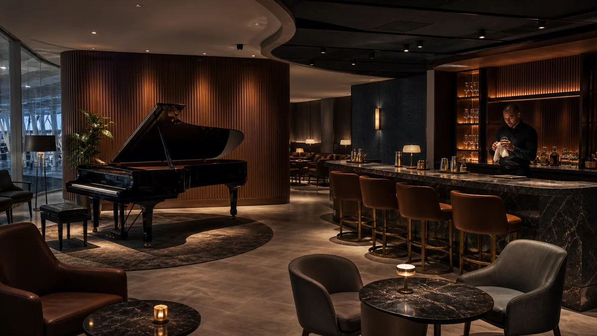 Concept of the Amex Centurion Lounge Newark piano bar honoring New Jersey jazz history
