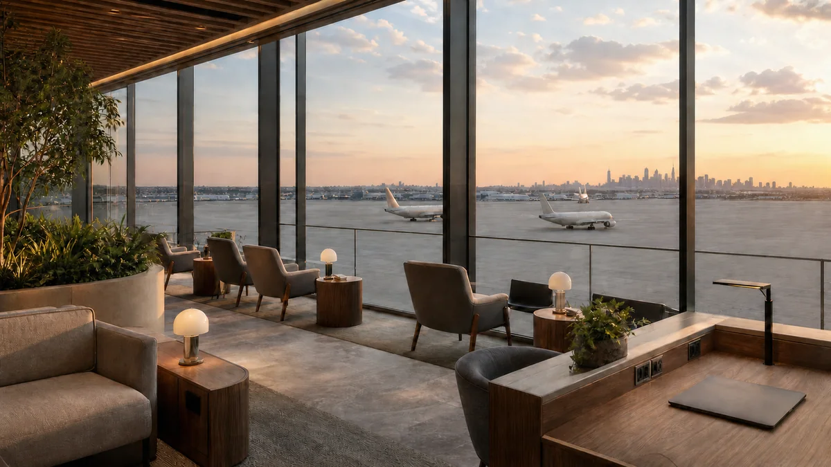 Concept of the Amex Centurion Lounge Newark indoor terrace overlooking the airfield and Manhattan skyline