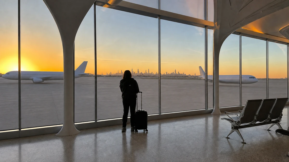 View from Newark Terminal A windows onto the airfield with the Manhattan skyline on the horizon