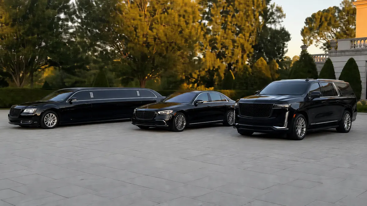 How much does a limo cost in 2026: a stretch limousine, executive sedan, and SUV lined up in the NYC and NJ area