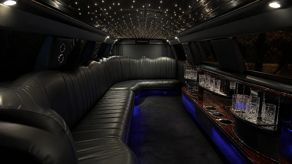 Interior of a stretch limousine with leather seating and mood lighting