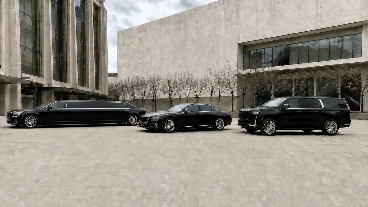 What is a limo: a stretch limousine, executive sedan, and SUV limo shown together to compare types