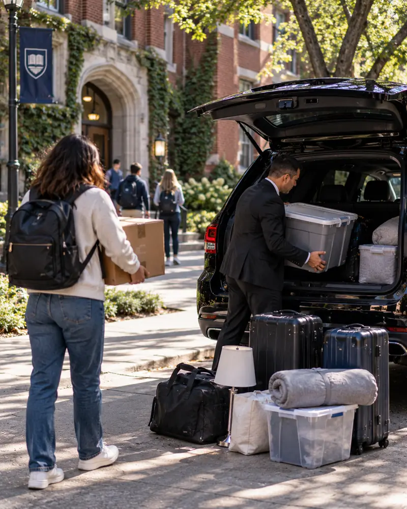 Chauffeur unloading move-in suitcases and storage bins from a black SUV outside a college residence hall