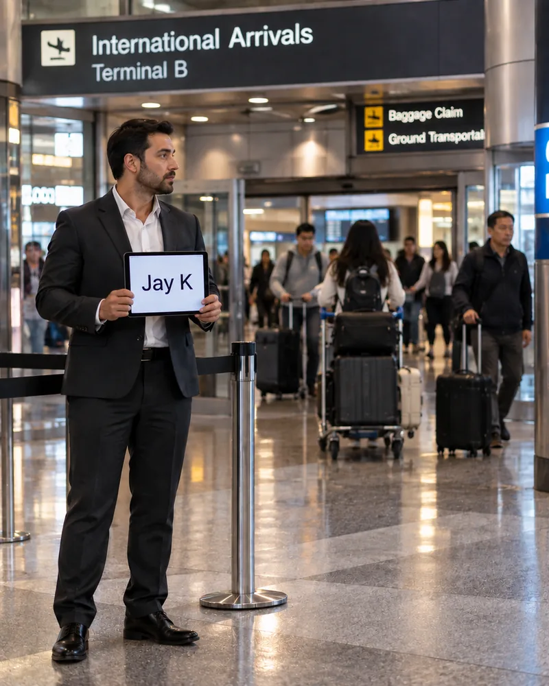 Chauffeur holding a name board inside Newark Airport Terminal B arrivals to meet an arriving student