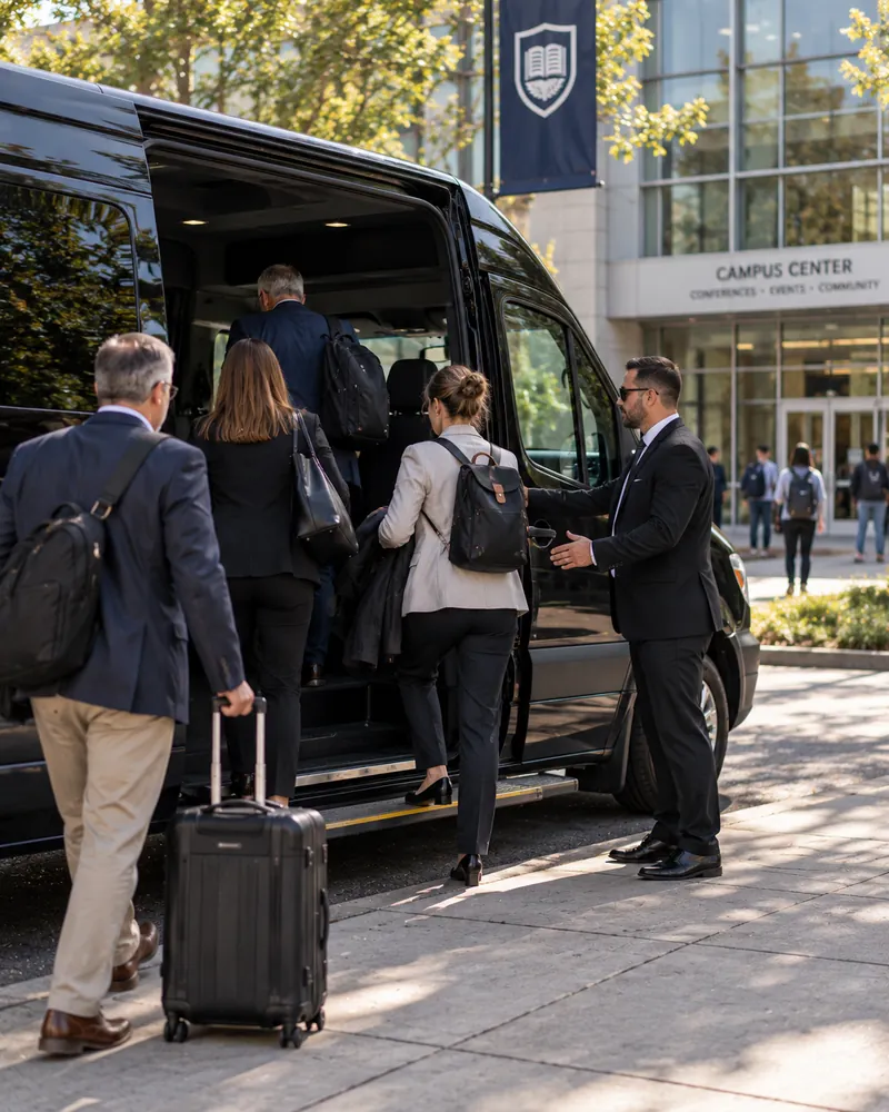 Conference guests boarding a Mercedes Sprinter van outside a university campus center