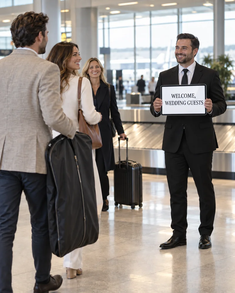 Chauffeur holding a name board for arriving wedding guests at Newark Airport baggage claim