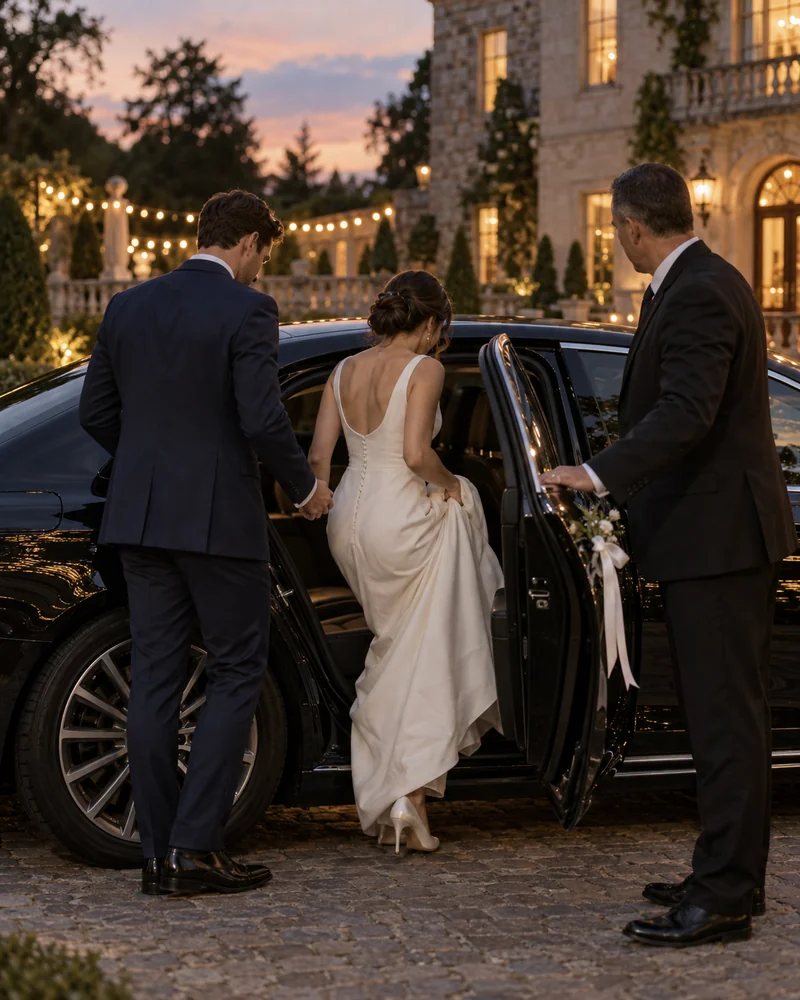 Wedding transportation in NJ: newlyweds stepping into a black Mercedes S-Class wedding limo outside a wedding venue at dusk