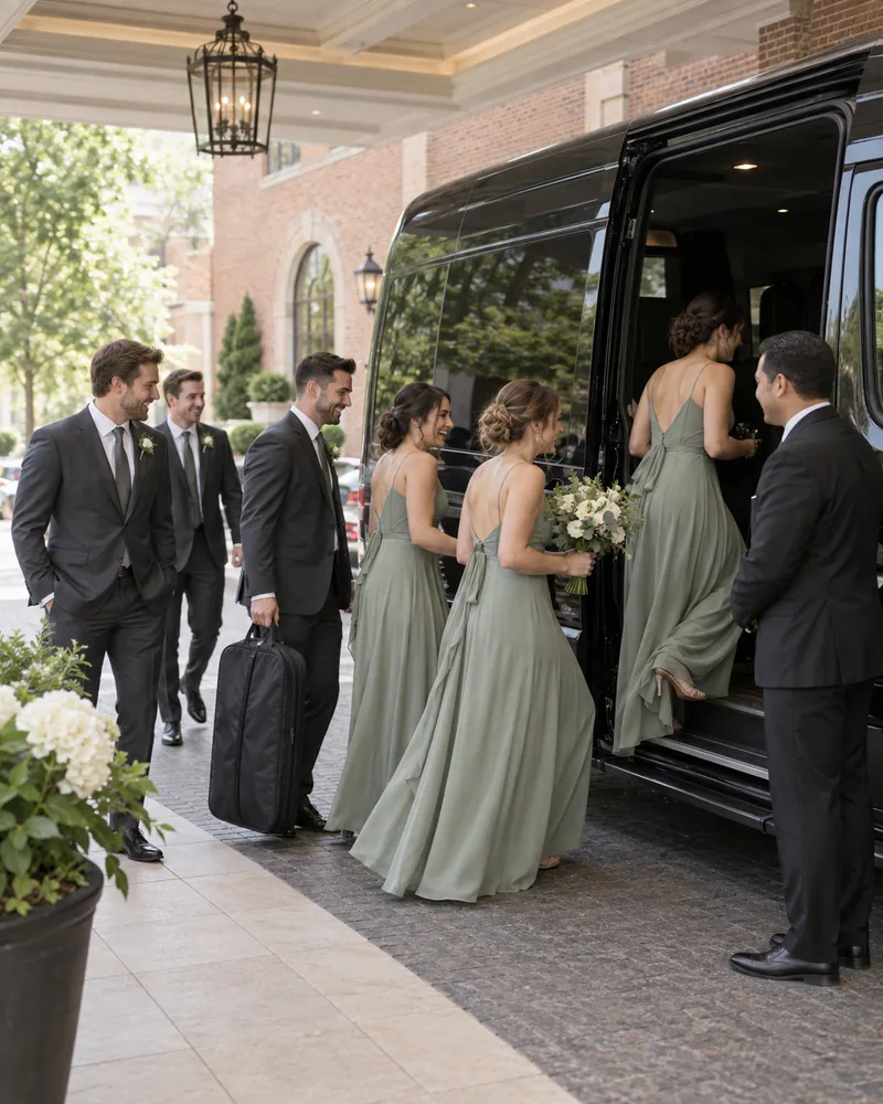 Wedding party boarding a black Mercedes Sprinter outside a New Jersey hotel on the way to the ceremony